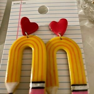 Heart and Pencil Rainbow Teacher Earrings